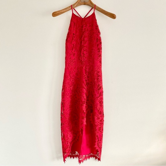 For Love and Lemons X Revolve Maui Waui Red Lace Asymmetrical Dress Size Small - Picture 4 of 12
